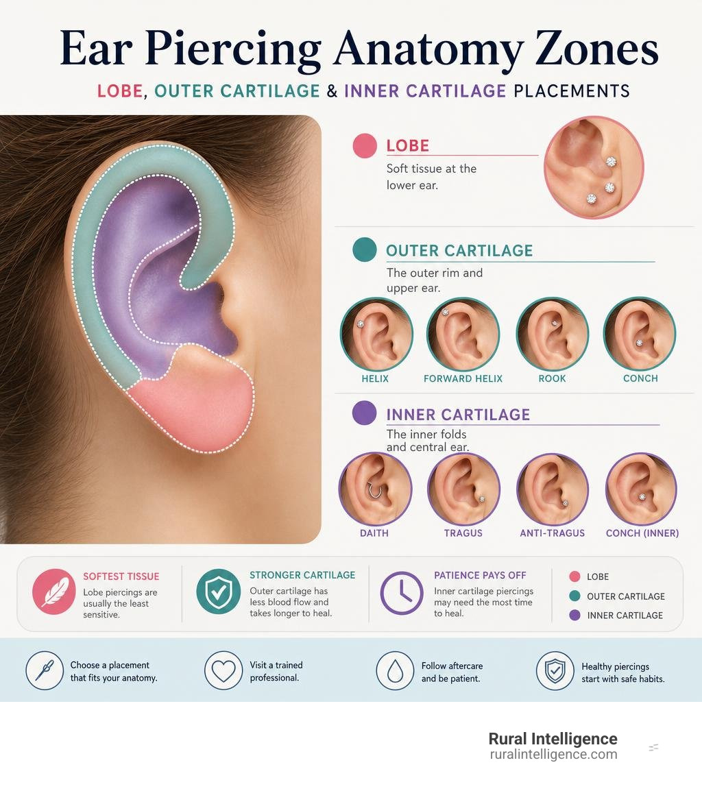 Ear piercing anatomy zones with lobe, outer cartilage, and inner cartilage placements infographic Ear piercing anatomy zones with lobe, outer cartilage, and inner cartilage placements infographic