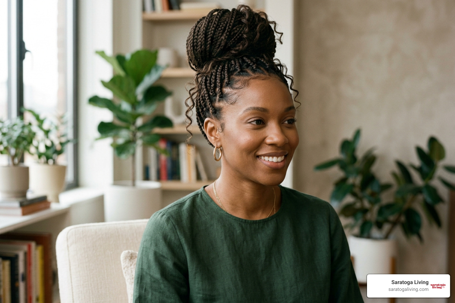 medium boho knotless braids in a high bun