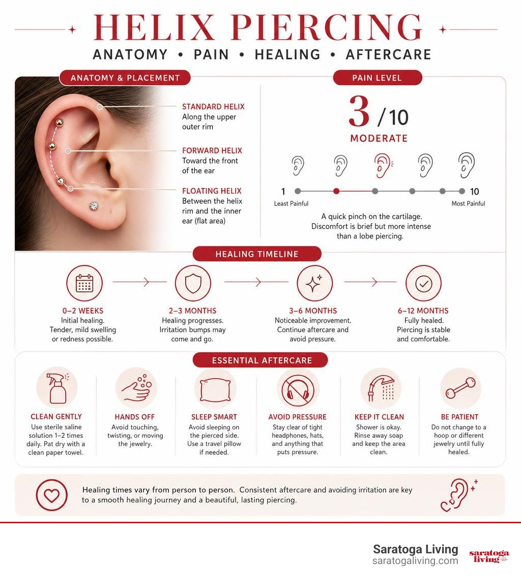 Helix piercing anatomy, pain, healing timeline, and essential aftercare infographic Helix piercing anatomy, pain, healing timeline, and essential aftercare infographic