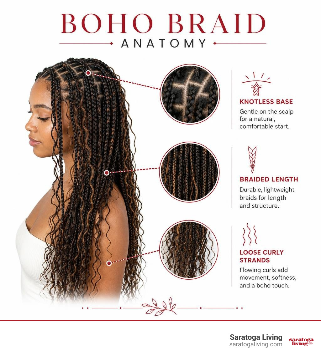Boho braid anatomy showing knotless base, braided length, and loose curly strands infographic