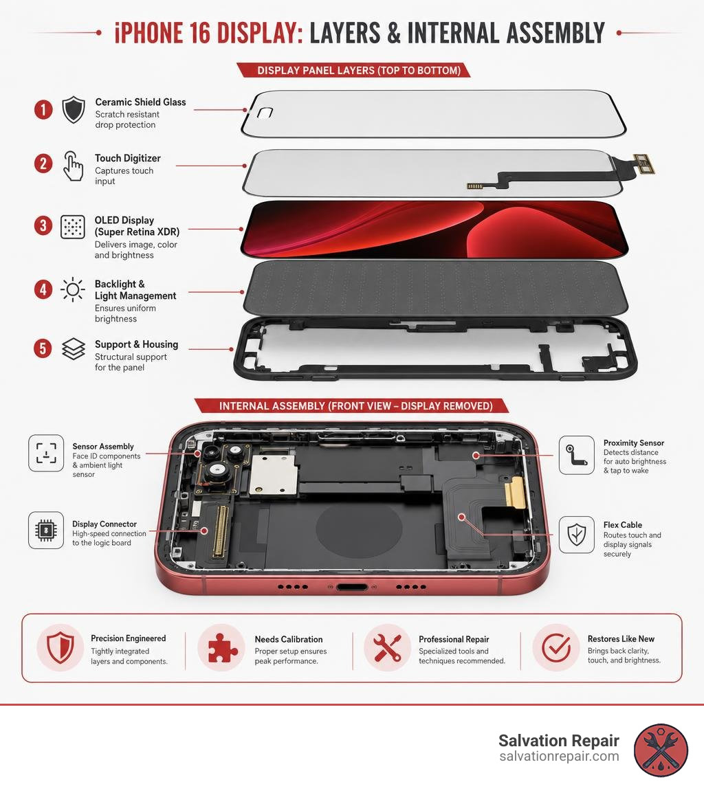 iPhone 16 display panel layers and internal assembly breakdown infographic