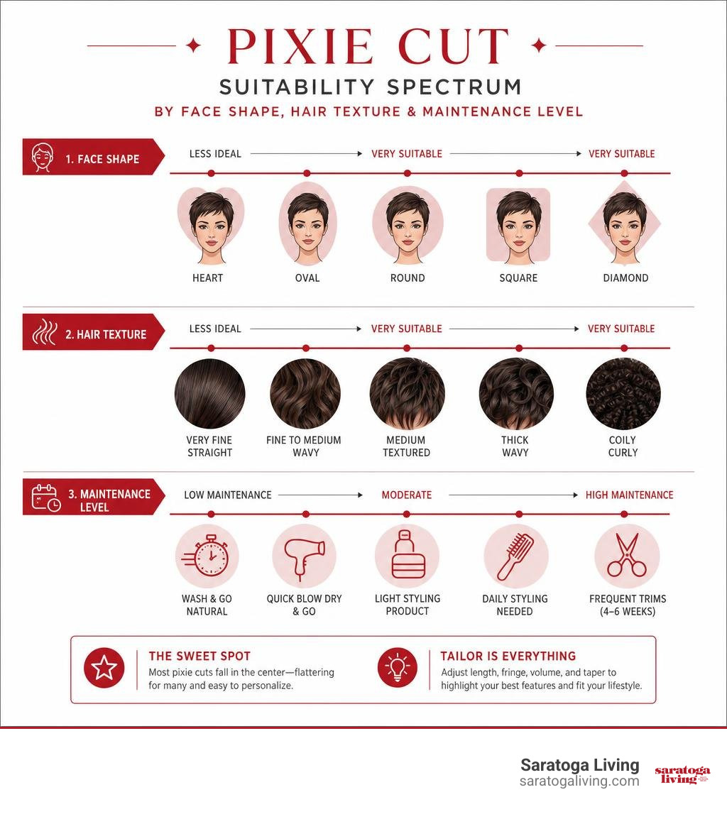 Pixie cut suitability spectrum by face shape, hair texture, and maintenance level infographic Pixie cut suitability spectrum by face shape, hair texture, and maintenance level infographic