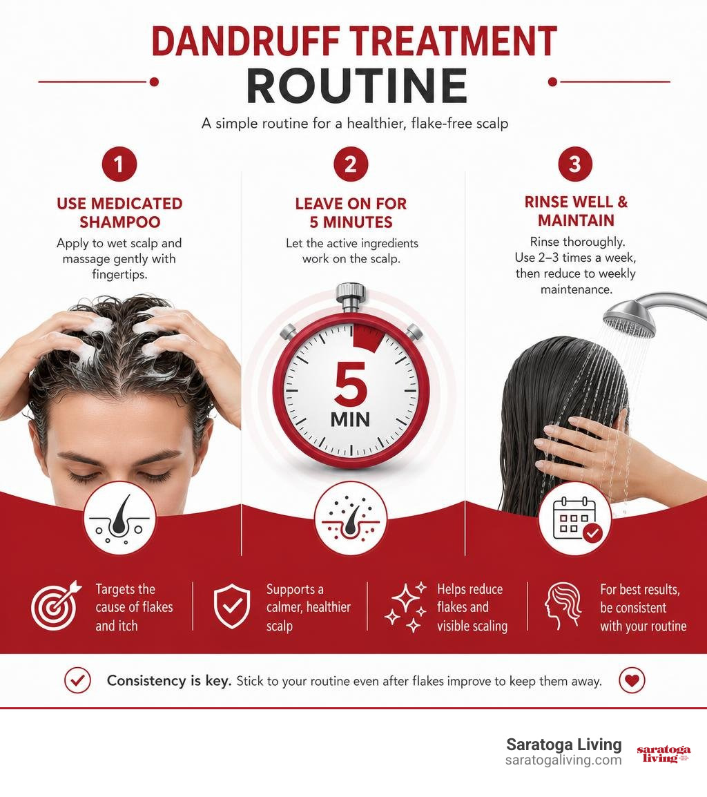 Dandruff treatment routine with medicated shampoo, five-minute contact time, and maintenance use infographic Dandruff treatment routine with medicated shampoo, five-minute contact time, and maintenance use infographic
