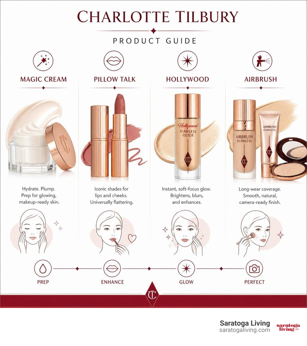 Charlotte Tilbury product guide: Magic Cream, Pillow Talk, Hollywood and Airbrush collections infographic Charlotte Tilbury product guide: Magic Cream, Pillow Talk, Hollywood and Airbrush collections infographic