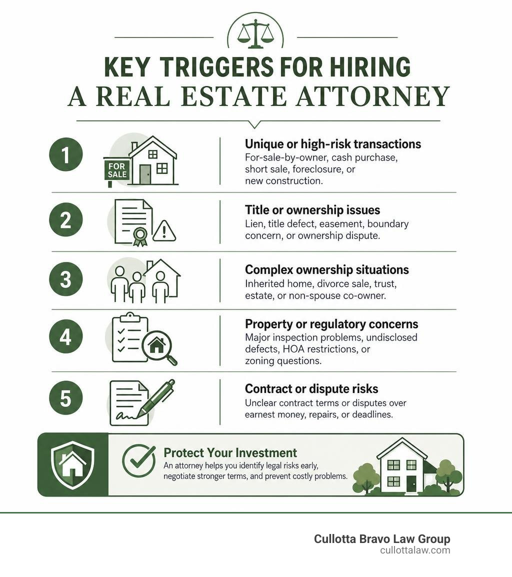 Infographic showing key triggers for hiring a real estate attorney infographic