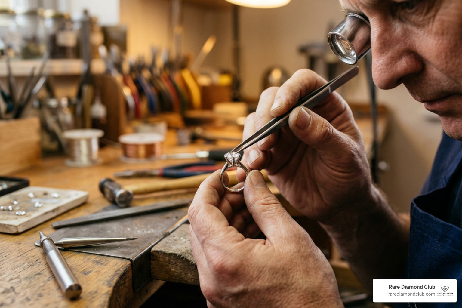 master bench jeweler hand-setting a custom diamond into a polished platinum mounting master bench jeweler hand-setting a custom diamond into a polished platinum mounting