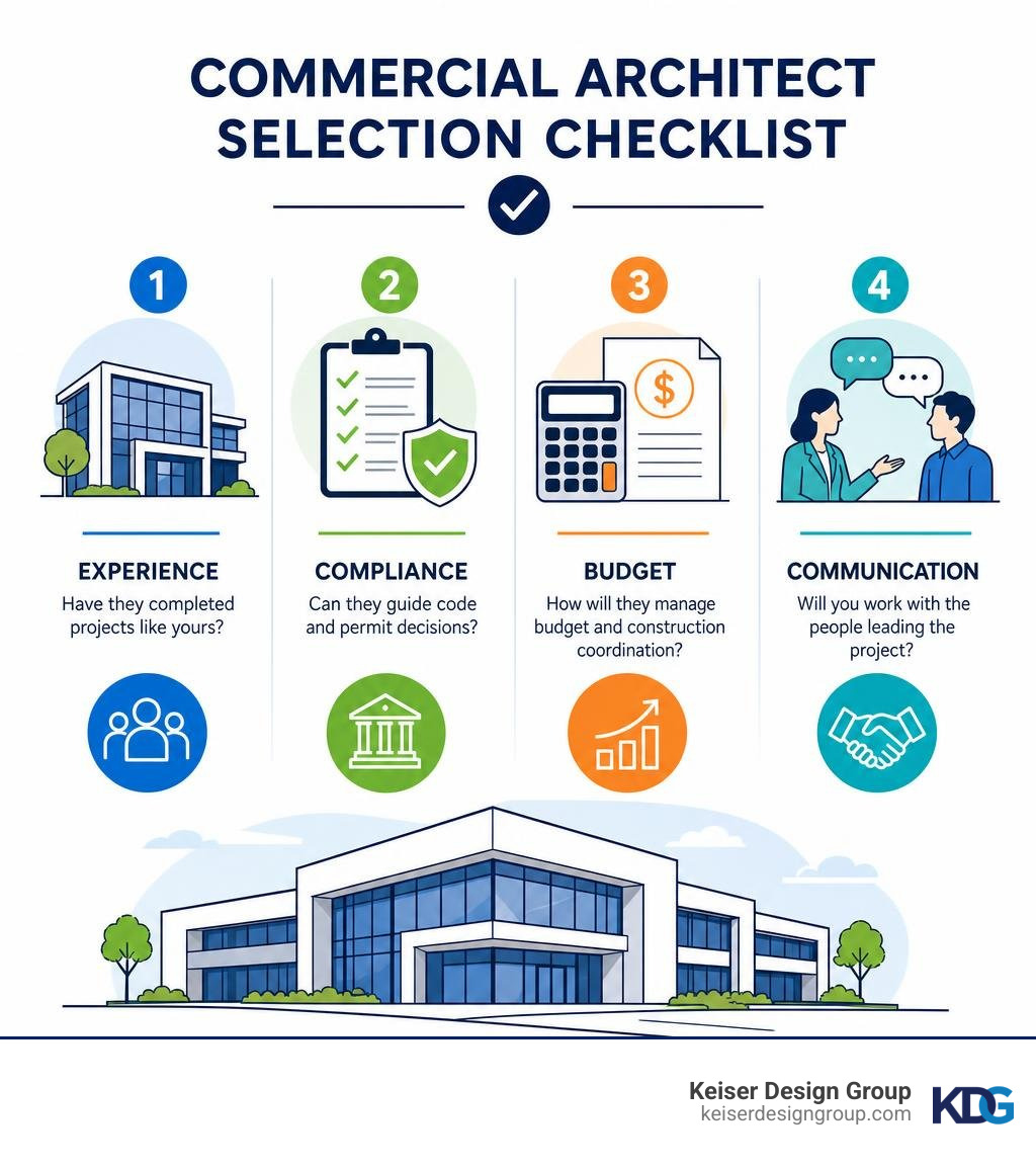 Commercial architect selection checklist: experience, compliance, budget, communication infographic