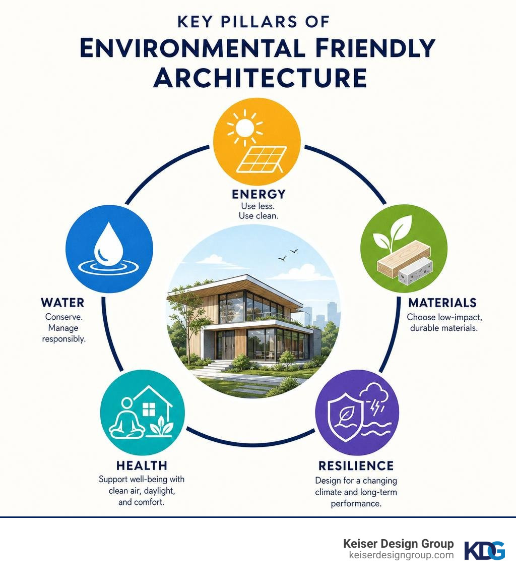 Key pillars of environmental friendly architecture: energy, materials, water, health, and resilience infographic