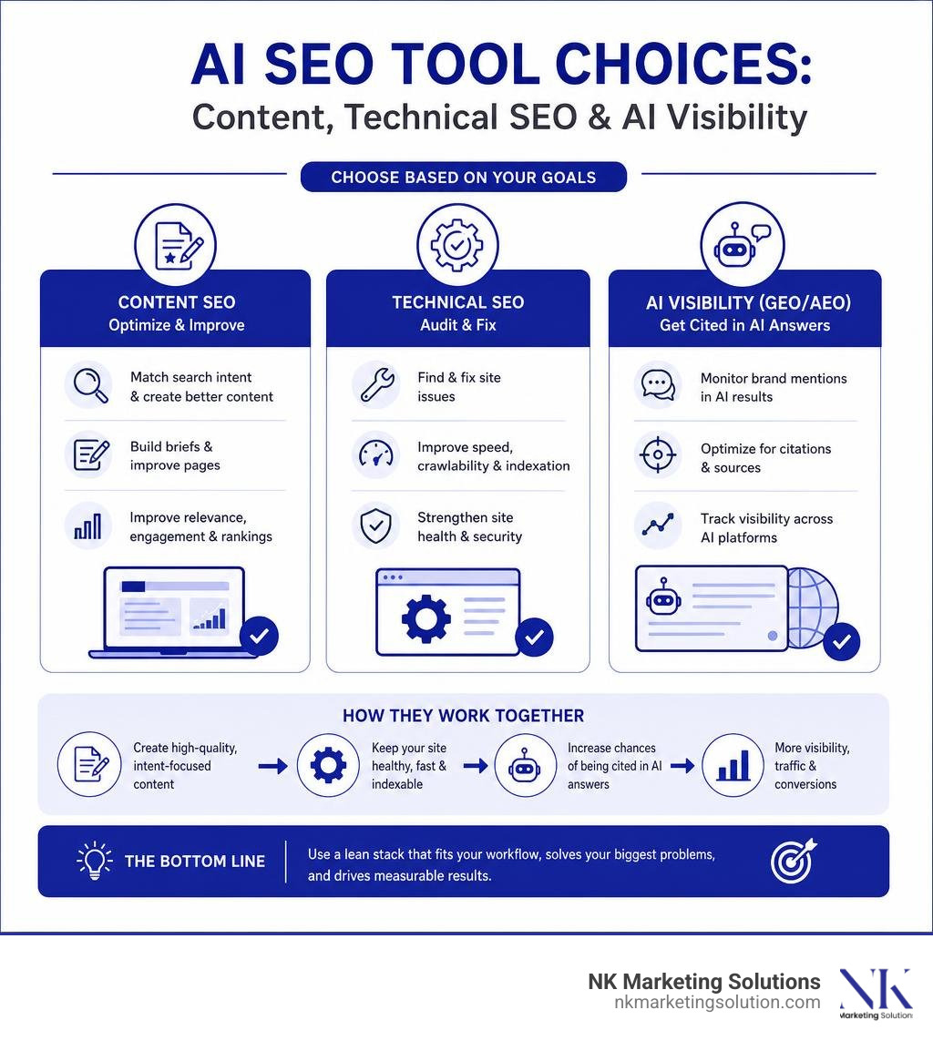 Infographic comparing AI SEO tool choices for content technical SEO and AI visibility infographic Infographic comparing AI SEO tool choices for content technical SEO and AI visibility infographic