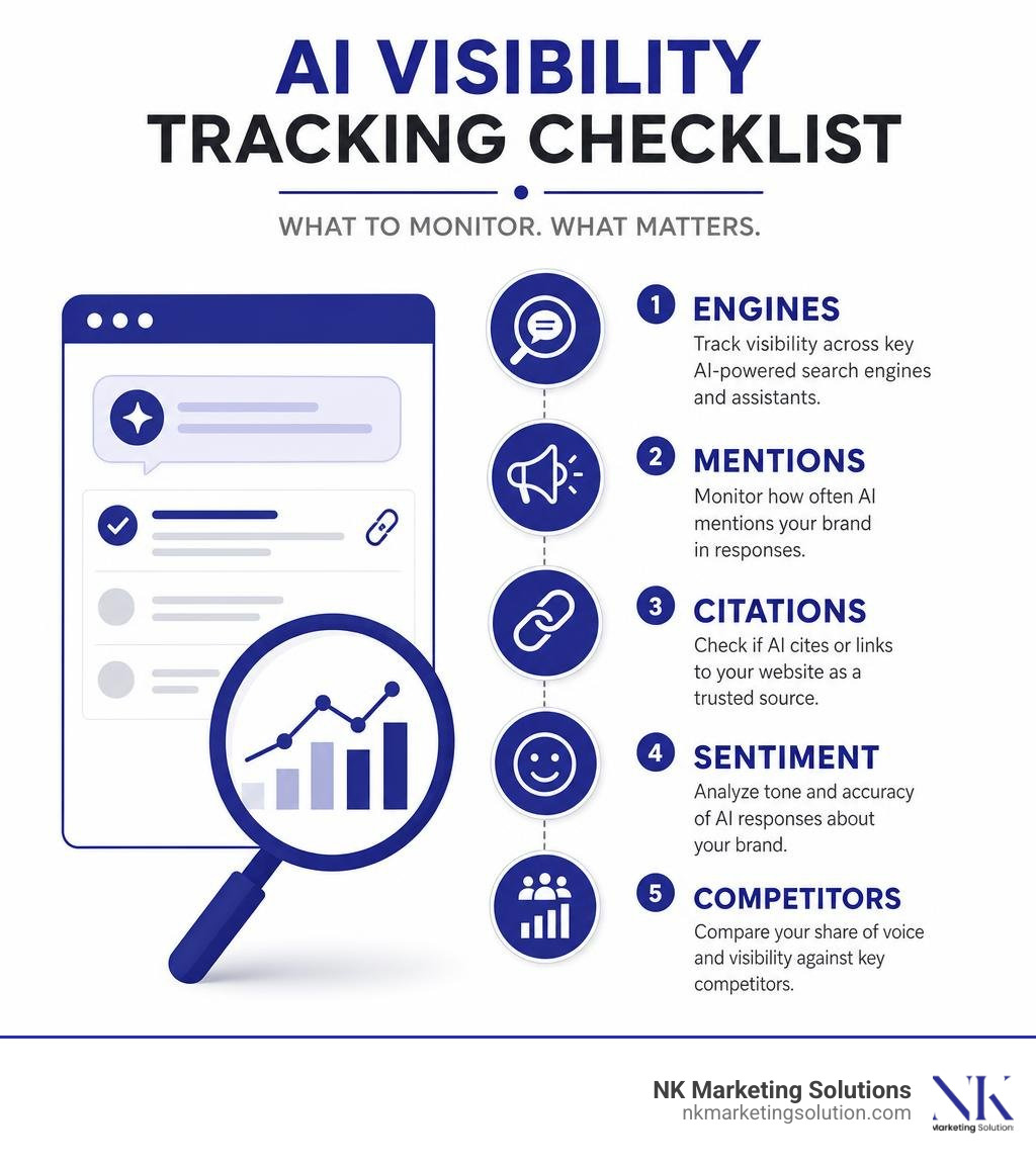 AI visibility tracking checklist: engines, mentions, citations, sentiment, competitors infographic AI visibility tracking checklist: engines, mentions, citations, sentiment, competitors infographic