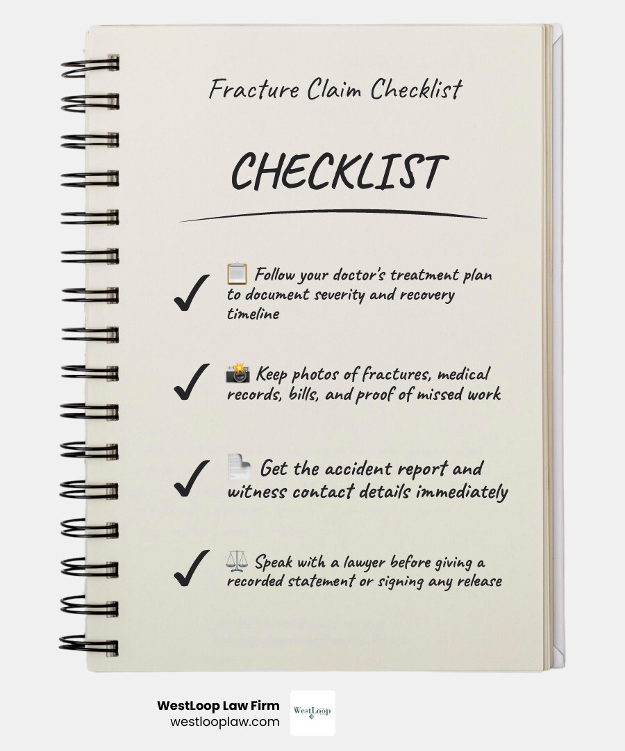 Steps after a Houston fracture accident: treatment, evidence, records, legal review infographic Steps after a Houston fracture accident: treatment, evidence, records, legal review infographic