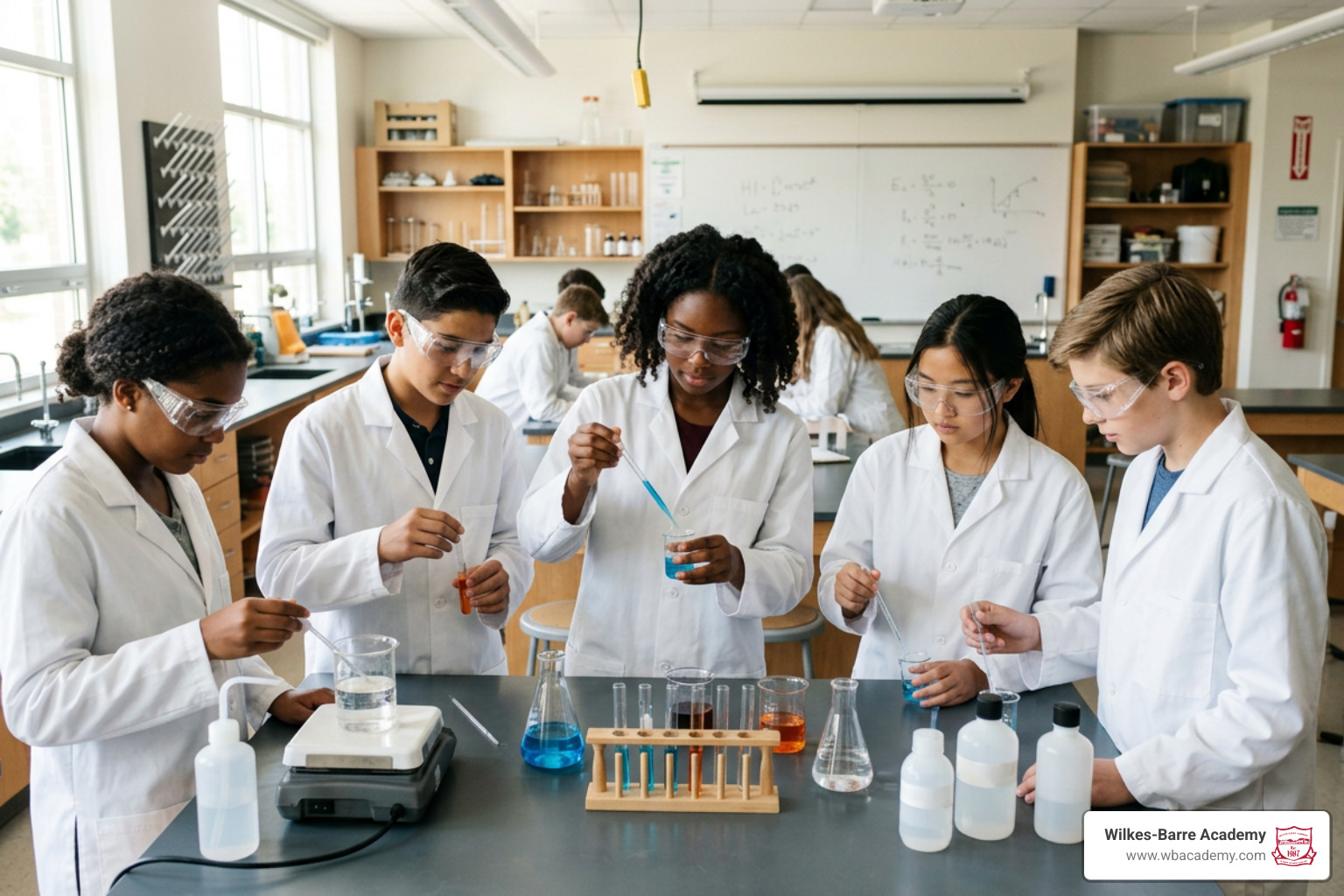 Middle school students conducting an experiment in a science laboratory