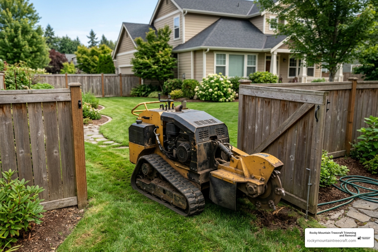 tracked stump grinder maneuvering through a narrow residential backyard gate tracked stump grinder maneuvering through a narrow residential backyard gate