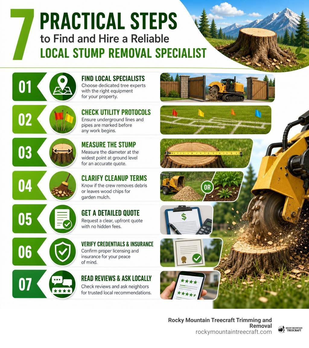 7 practical steps to find and hire a reliable local stump removal specialist infographic 7 practical steps to find and hire a reliable local stump removal specialist infographic