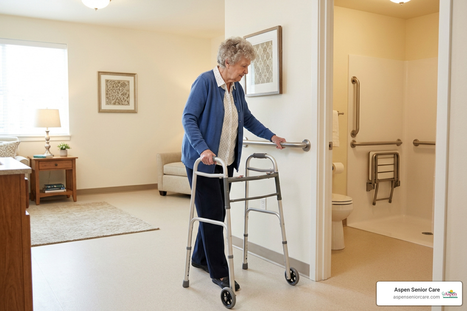 safety grab bars and clear pathways in a senior living space