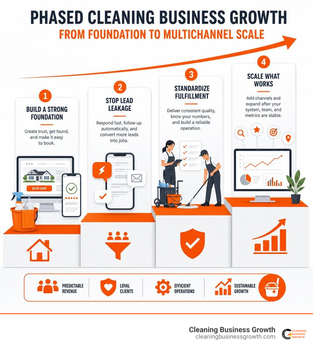Phased cleaning business growth from foundation to multichannel scale infographic Phased cleaning business growth from foundation to multichannel scale infographic