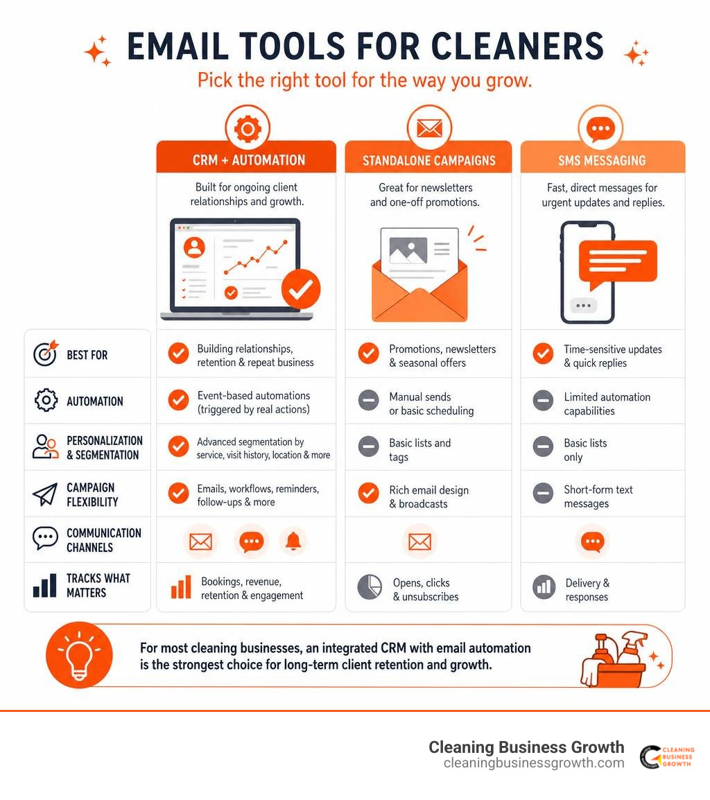Comparison infographic of email tools for cleaners: CRM automation, standalone campaigns, and SMS infographic Comparison infographic of email tools for cleaners: CRM automation, standalone campaigns, and SMS infographic