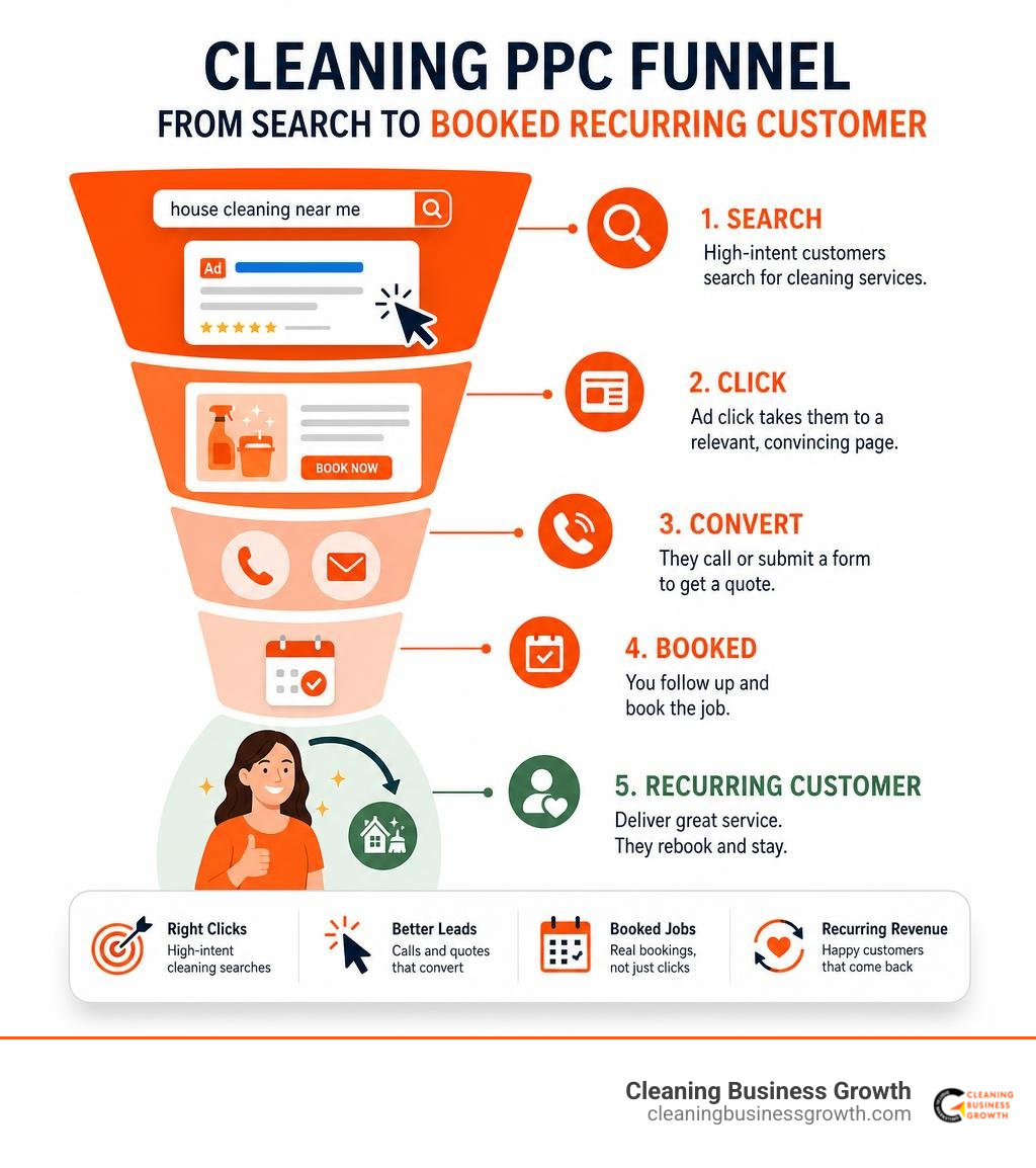 Cleaning PPC funnel from search to booked recurring customer infographic Cleaning PPC funnel from search to booked recurring customer infographic