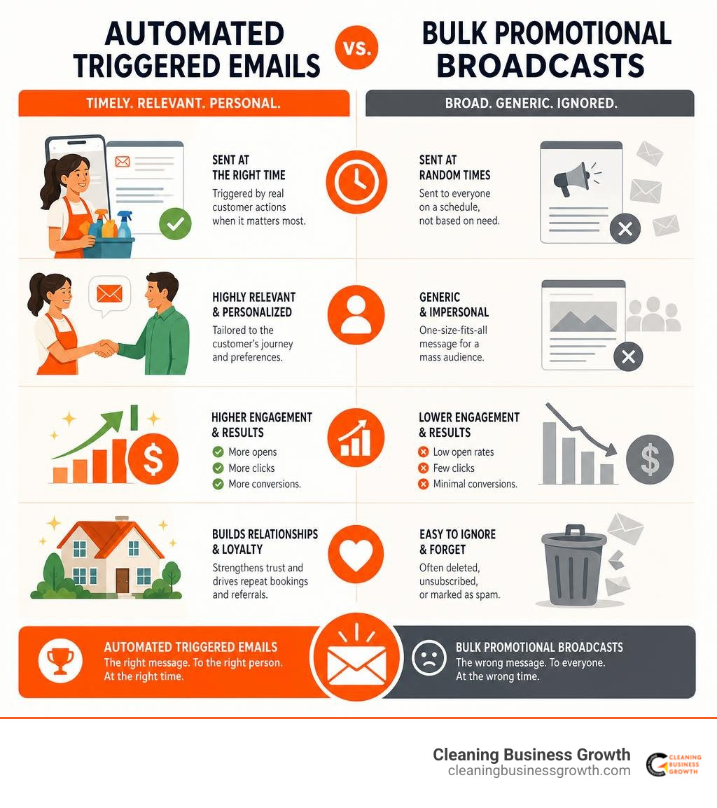 Comparison between automated triggered emails and bulk promotional broadcasts infographic Comparison between automated triggered emails and bulk promotional broadcasts infographic