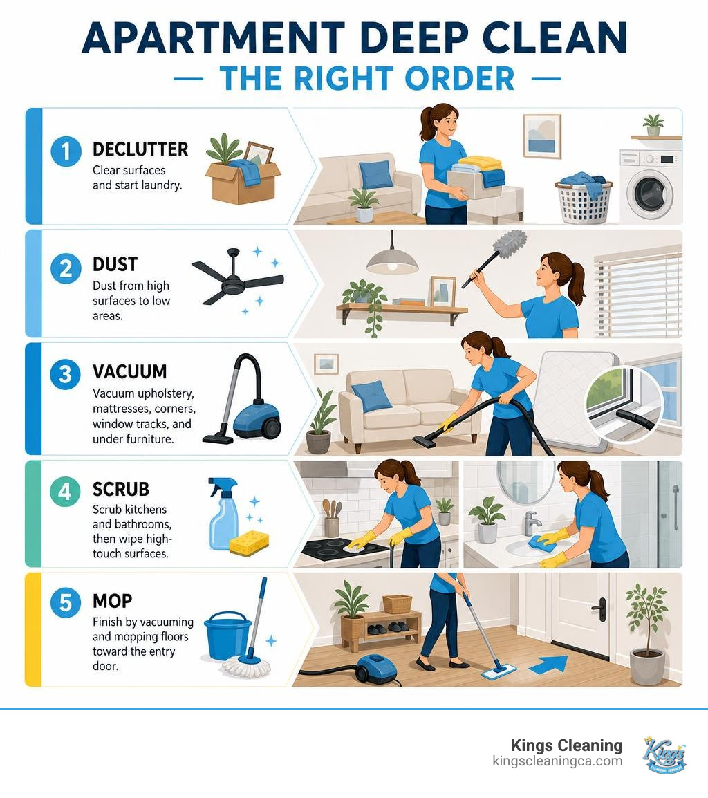 Infographic showing apartment deep clean order from declutter to dust, scrub, vacuum, and mop infographic Infographic showing apartment deep clean order from declutter to dust, scrub, vacuum, and mop infographic