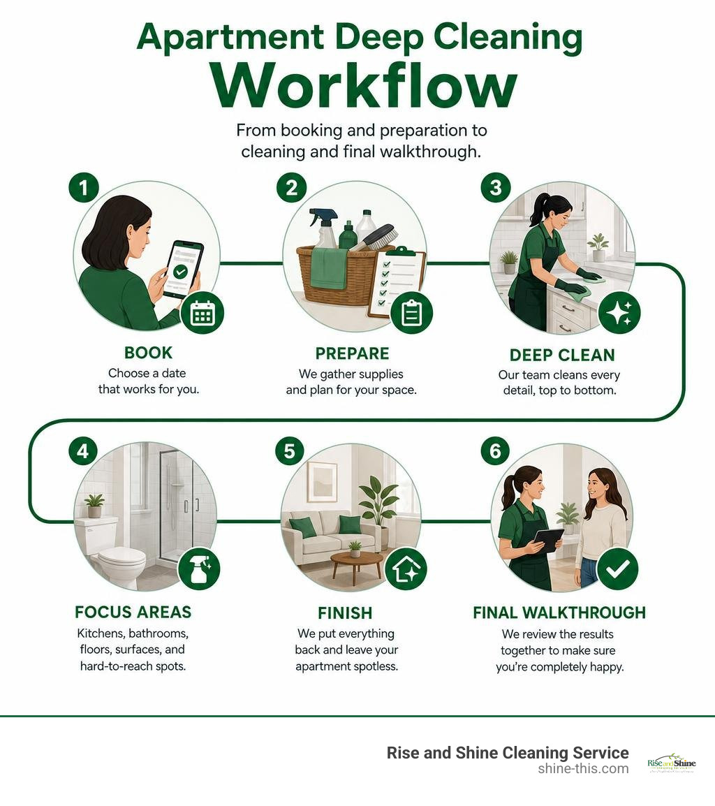 Apartment deep cleaning workflow from booking and preparation to cleaning and final walkthrough infographic Apartment deep cleaning workflow from booking and preparation to cleaning and final walkthrough infographic