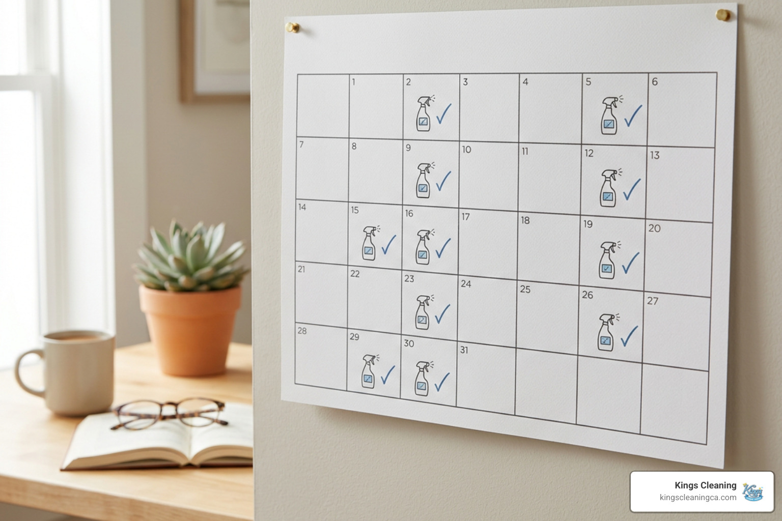 Calendar showing recurring home cleaning schedule Calendar showing recurring home cleaning schedule