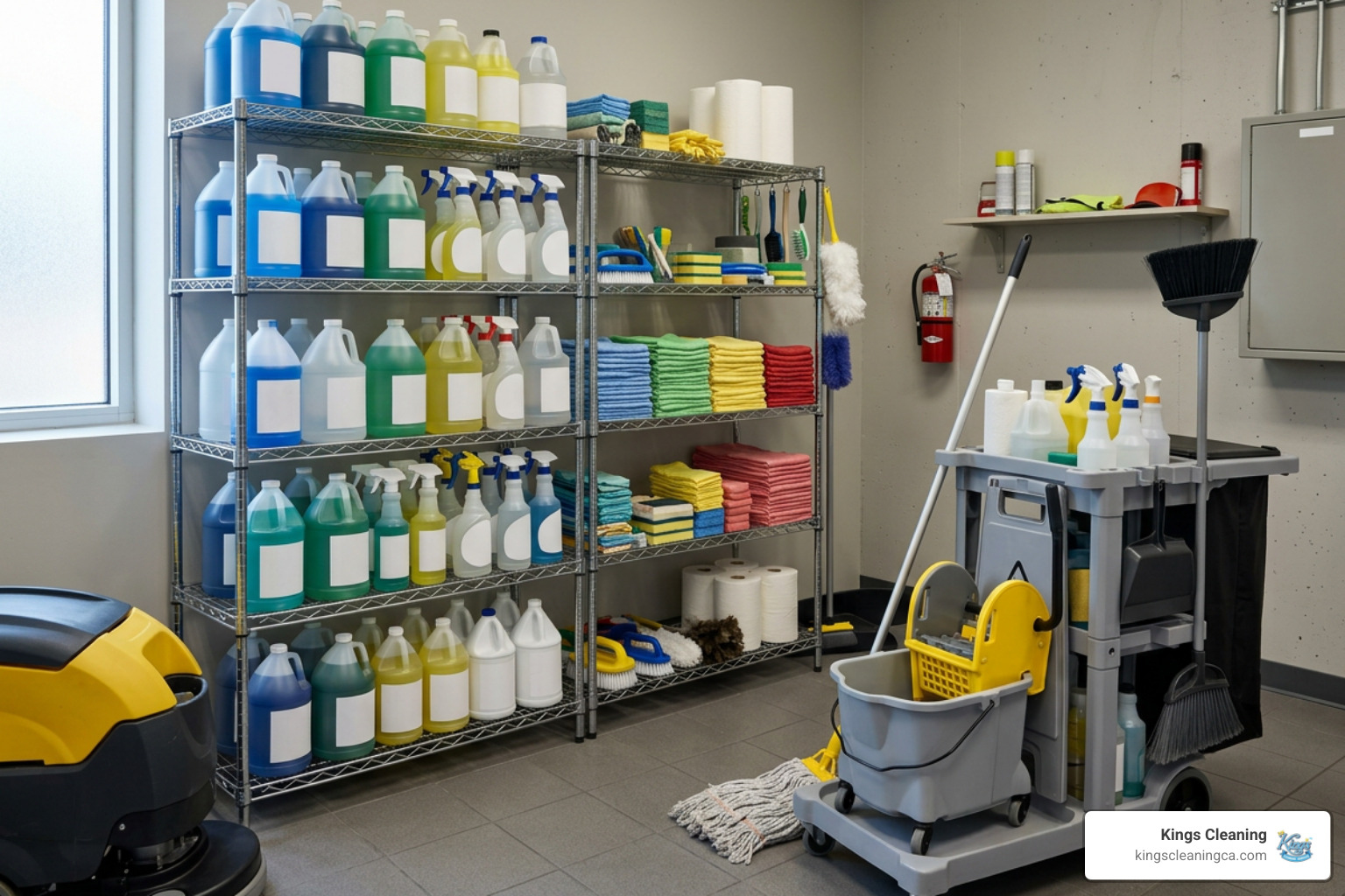 Organized professional cleaning supplies and equipment Organized professional cleaning supplies and equipment