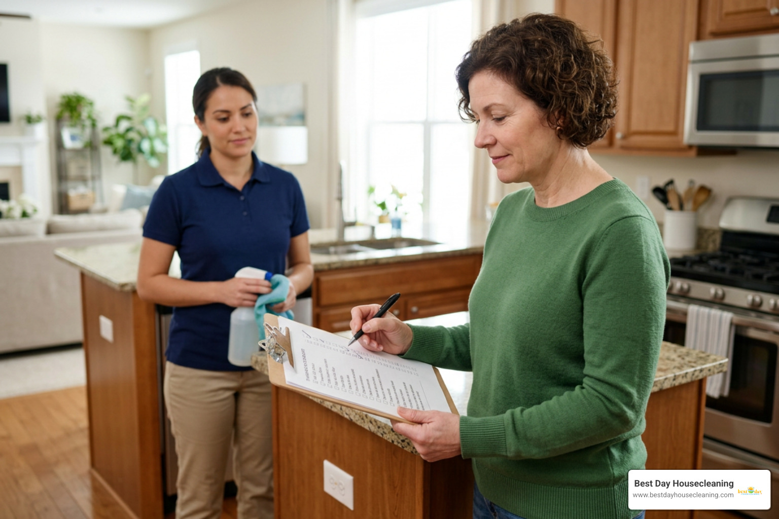 Homeowner reviewing a professional residential cleaning checklist Homeowner reviewing a professional residential cleaning checklist
