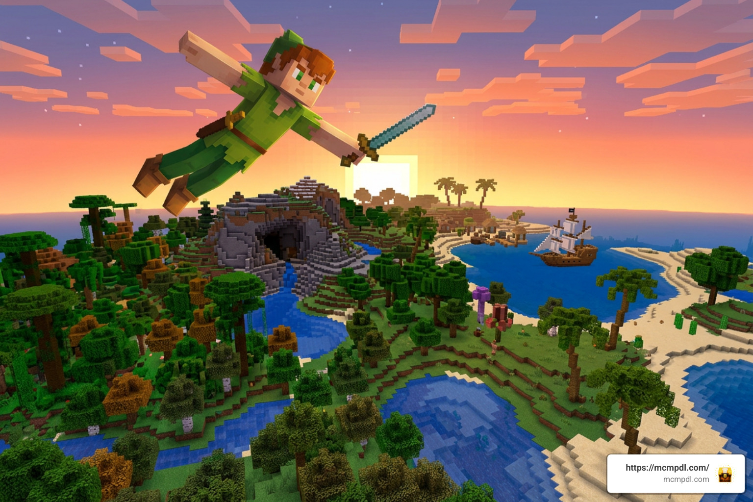 Peter Pan flying over Minecraft Neverland