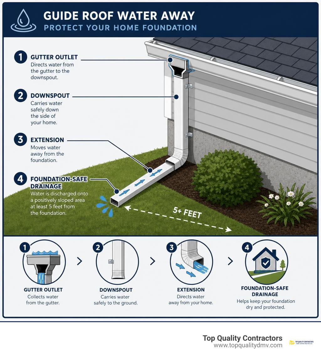 infographic showing gutter outlet, downspout, extension, and foundation-safe drainage infographic infographic showing gutter outlet, downspout, extension, and foundation-safe drainage infographic