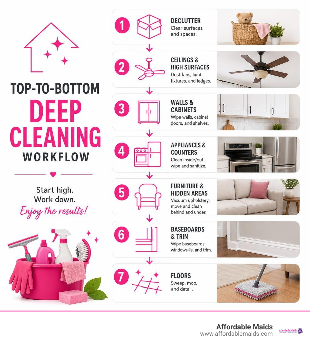 Top-to-bottom deep cleaning workflow from decluttering to floors infographic Top-to-bottom deep cleaning workflow from decluttering to floors infographic