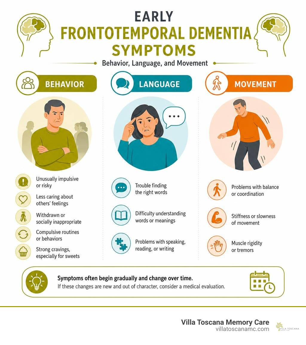 Infographic of early frontotemporal dementia symptoms: behavior, language, and movement infographic Infographic of early frontotemporal dementia symptoms: behavior, language, and movement infographic