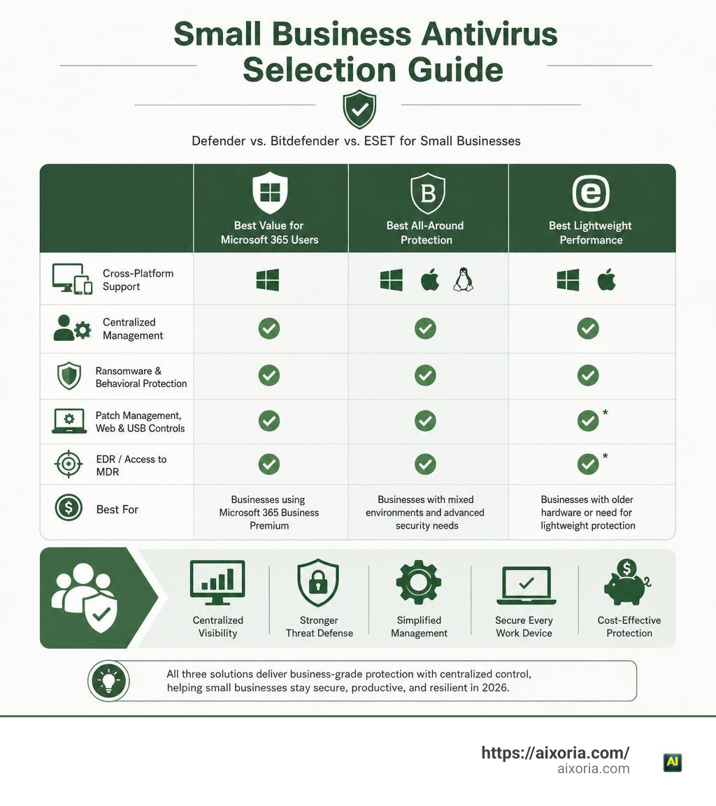Small business antivirus selection guide for Defender Bitdefender and ESET infographic