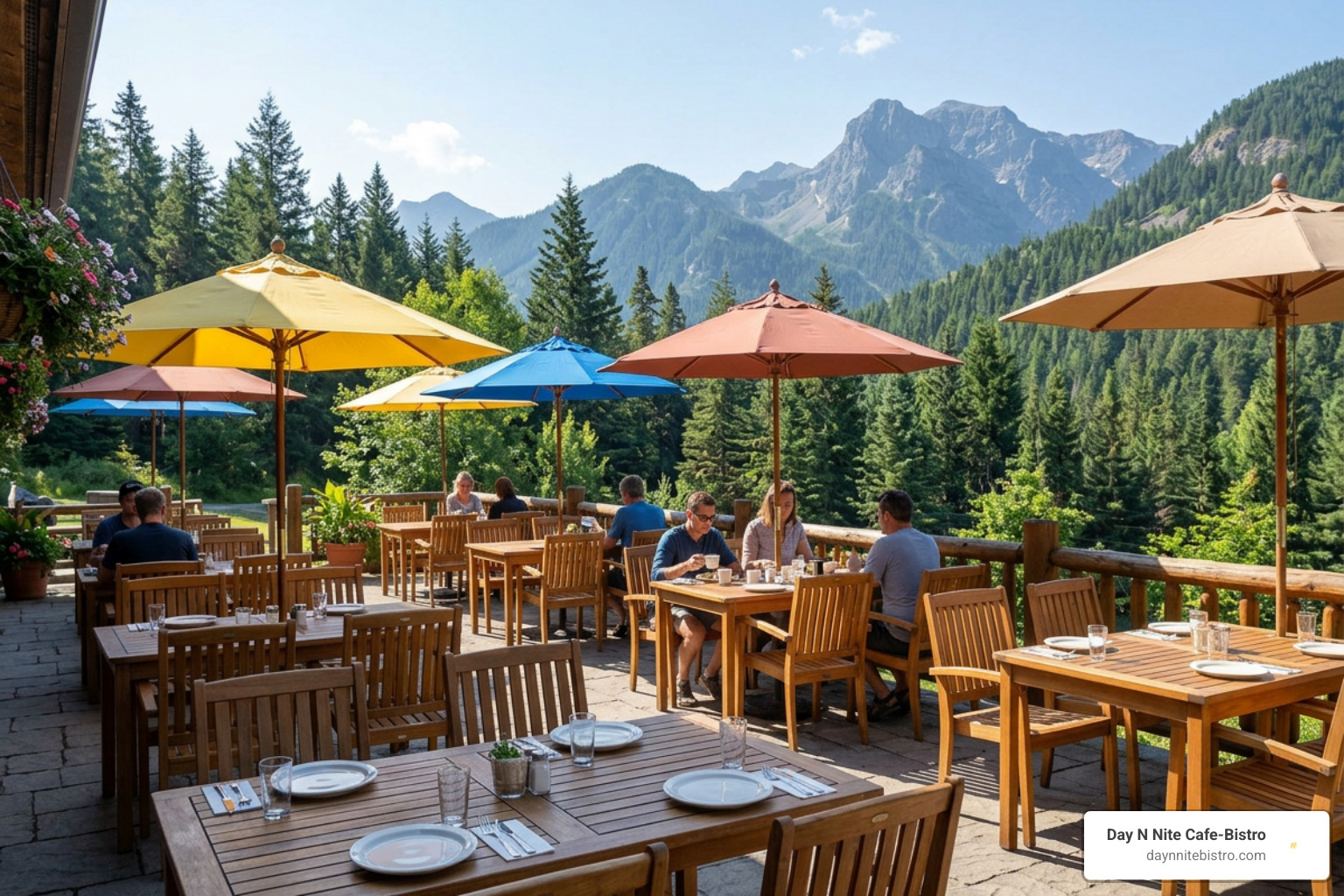 Sunny outdoor patio dining setup in mountain setting Sunny outdoor patio dining setup in mountain setting