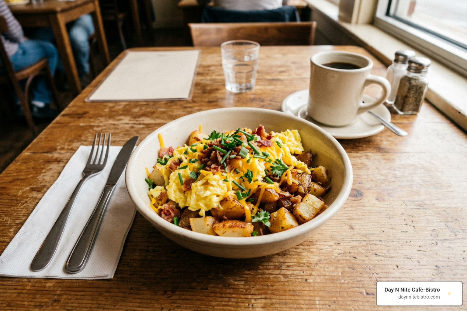 Hearty breakfast bowl with eggs, potatoes, and savory toppings Hearty breakfast bowl with eggs, potatoes, and savory toppings