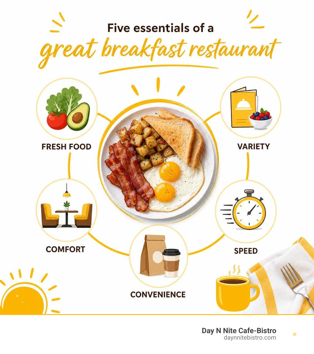 Five essentials of a great breakfast restaurant: fresh food, variety, comfort, speed, convenience infographic Five essentials of a great breakfast restaurant: fresh food, variety, comfort, speed, convenience infographic