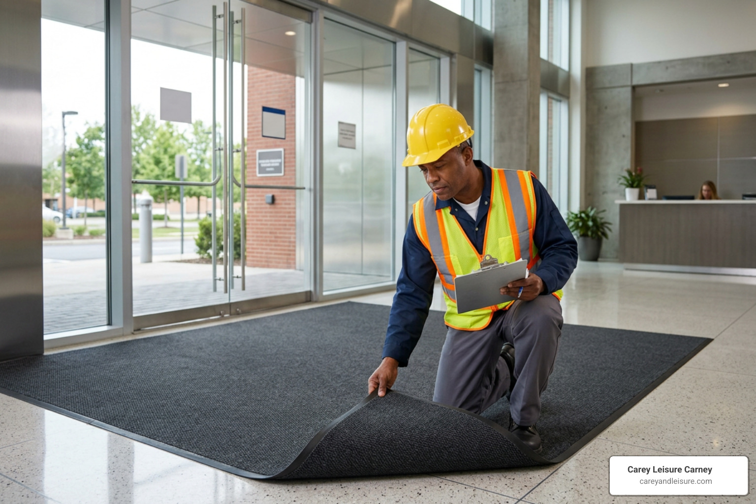 facility manager conducting a floor mat safety inspection