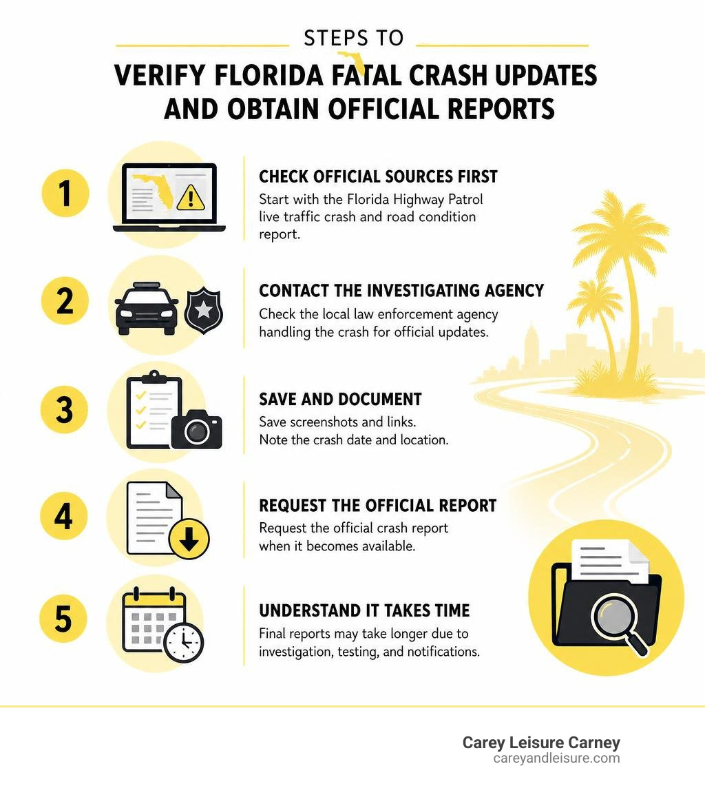 Steps to verify Florida fatal crash updates and obtain official reports infographic Steps to verify Florida fatal crash updates and obtain official reports infographic
