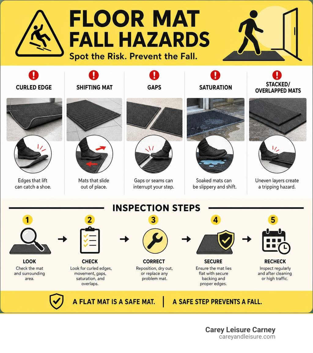 Floor mat fall hazards: curled edge, shifting mat, gaps, saturation, and inspection steps infographic