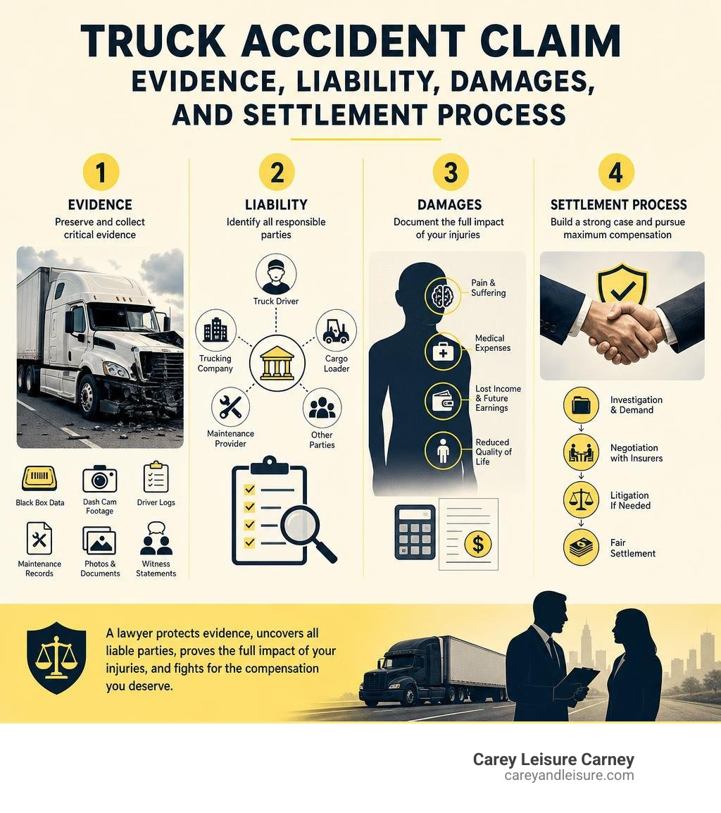 Truck accident claim evidence, liability, damages, and settlement process infographic