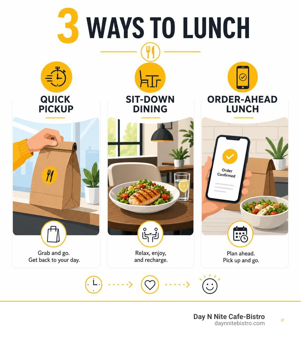 Infographic showing quick pickup, sit-down dining, and order-ahead lunch choices infographic