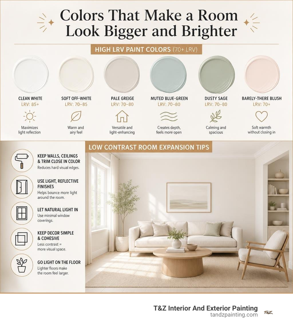 Infographic showing high LRV paint colors and low contrast room expansion tips infographic