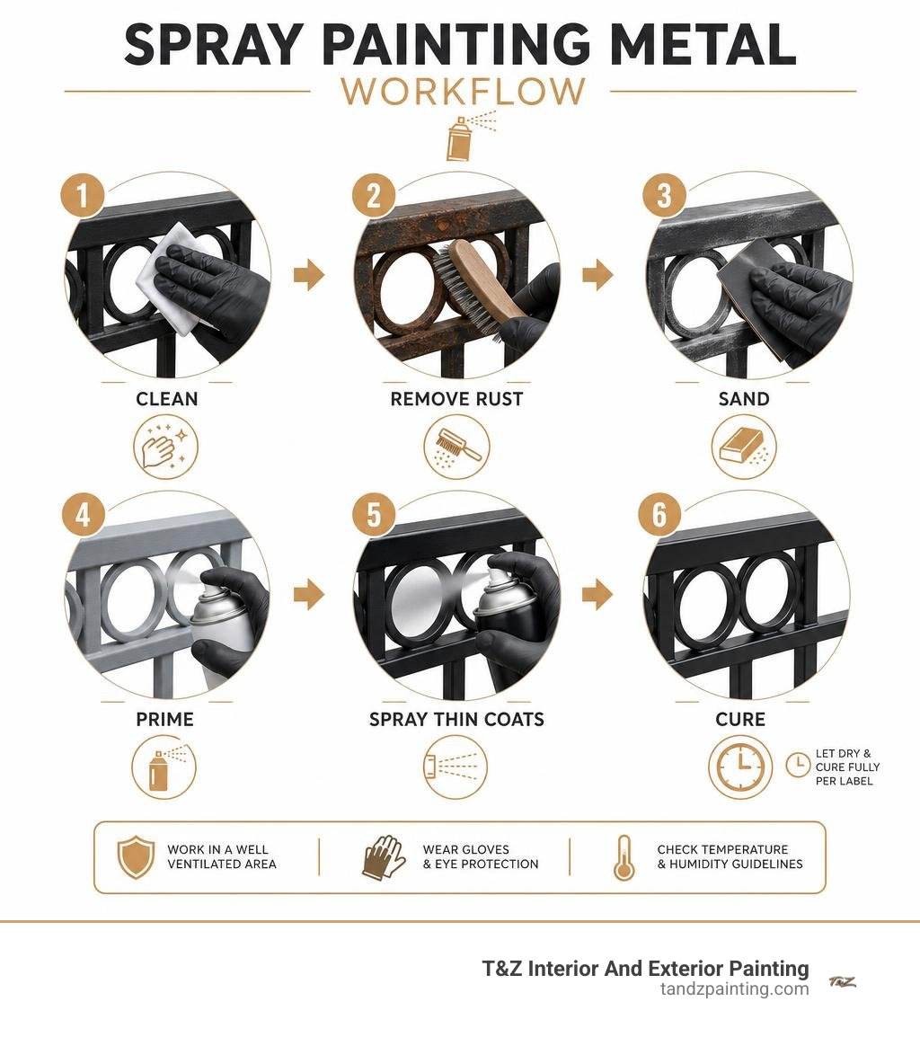 Spray painting metal workflow: clean, remove rust, sand, prime, spray thin coats, cure infographic Spray painting metal workflow: clean, remove rust, sand, prime, spray thin coats, cure infographic