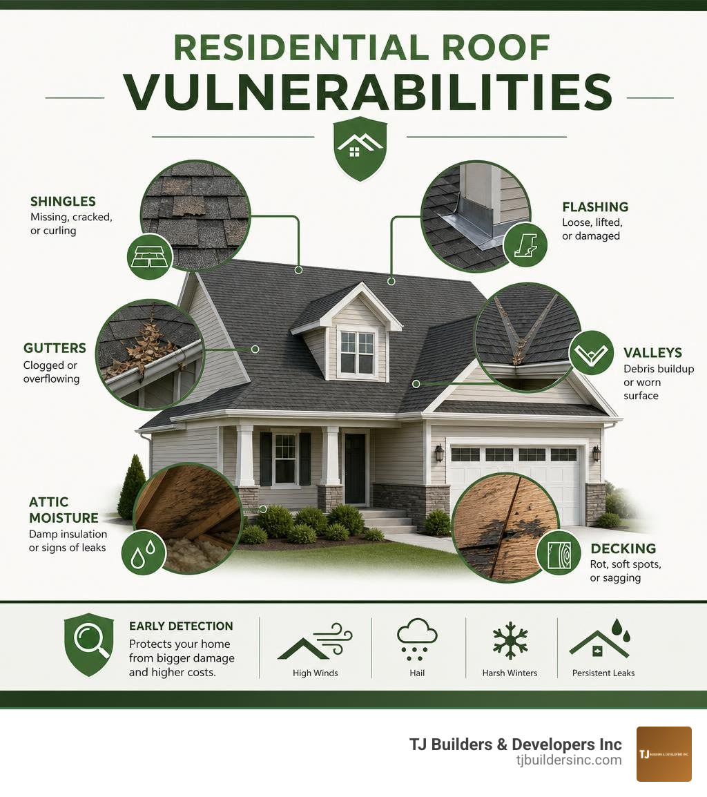 Residential roof vulnerabilities: shingles, flashing, valleys, gutters, attic moisture, and decking infographic Residential roof vulnerabilities: shingles, flashing, valleys, gutters, attic moisture, and decking infographic