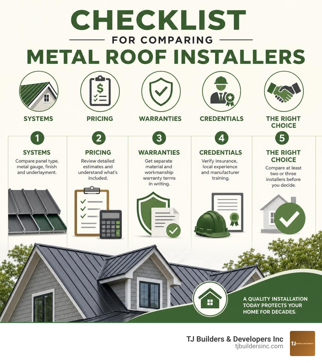 Checklist for comparing metal roof installers, systems, pricing, warranties, and credentials infographic