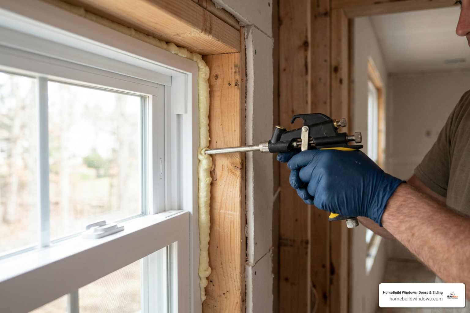 Interior low-expansion spray foam application around window frame Interior low-expansion spray foam application around window frame