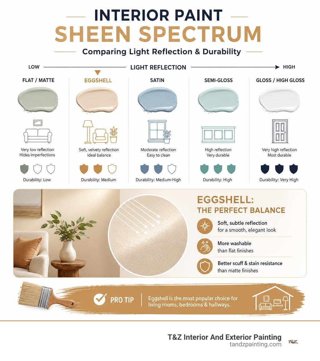 Interior paint sheen spectrum comparing eggshell light reflection and durability infographic Interior paint sheen spectrum comparing eggshell light reflection and durability infographic