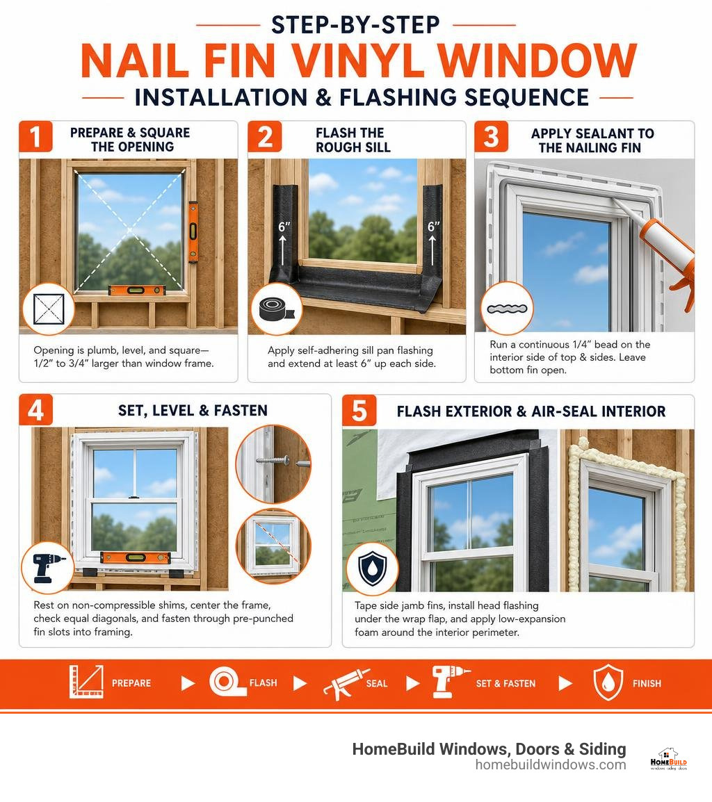 Step by step nail fin vinyl window installation and flashing sequence infographic Step by step nail fin vinyl window installation and flashing sequence infographic