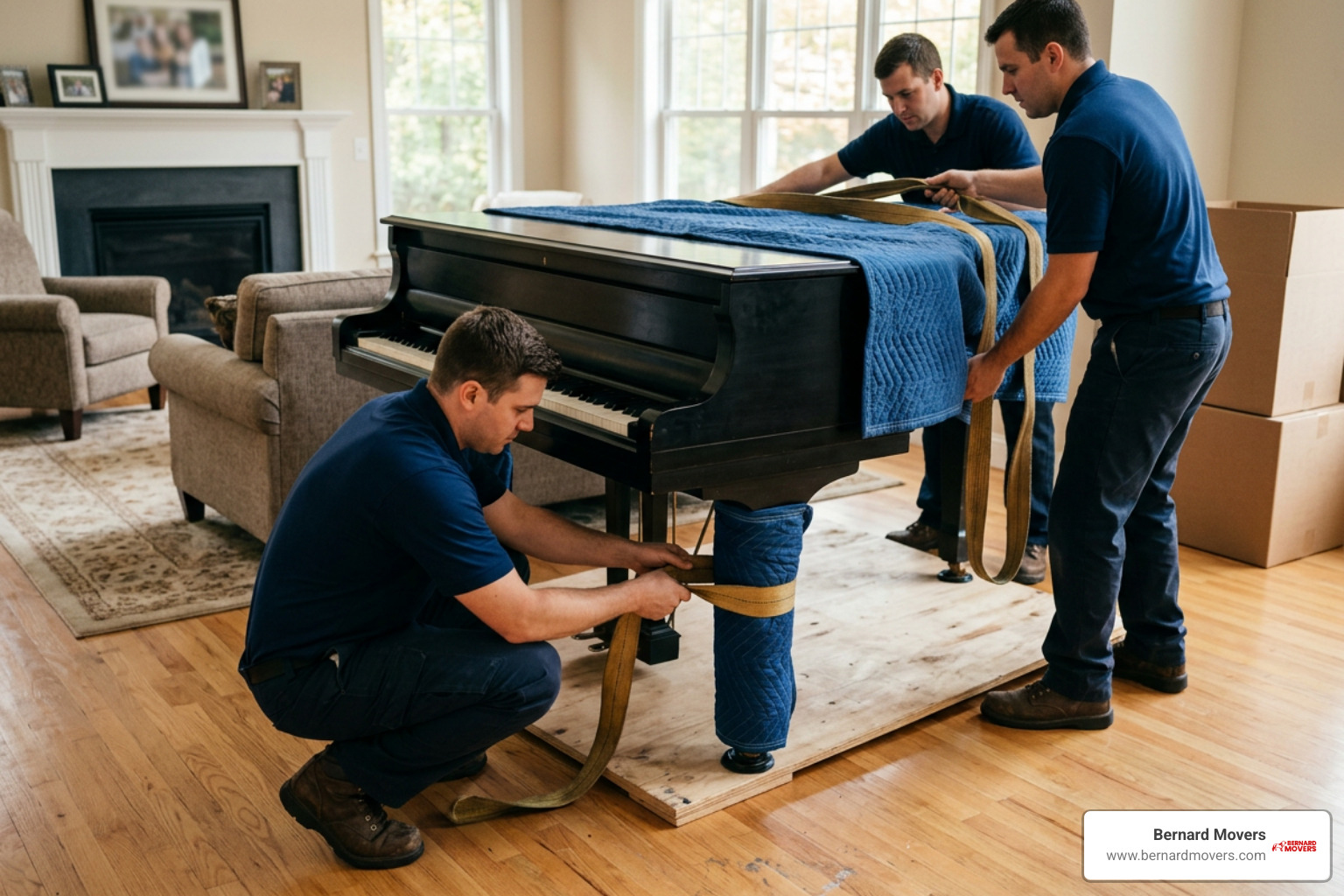 Professional movers securing a grand piano on a skid board Professional movers securing a grand piano on a skid board