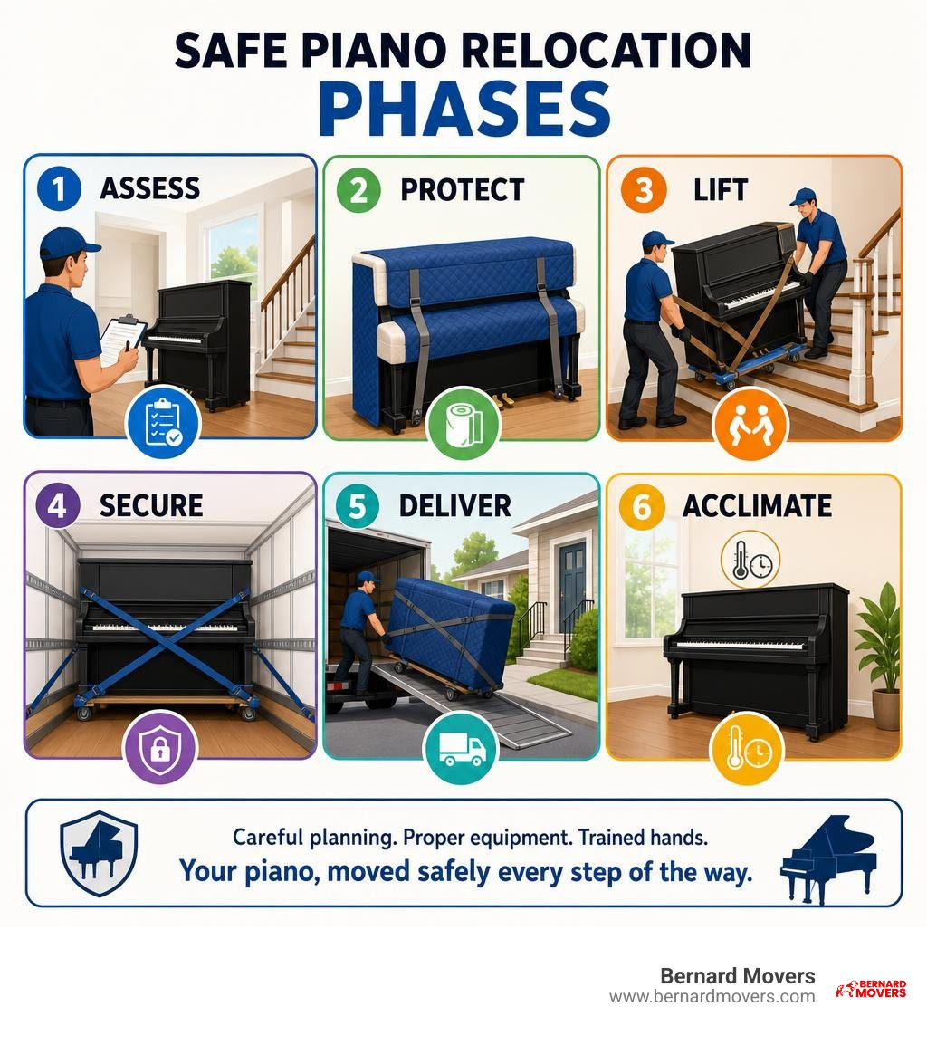 Safe piano relocation phases: assess, protect, lift, secure, deliver, acclimate infographic Safe piano relocation phases: assess, protect, lift, secure, deliver, acclimate infographic